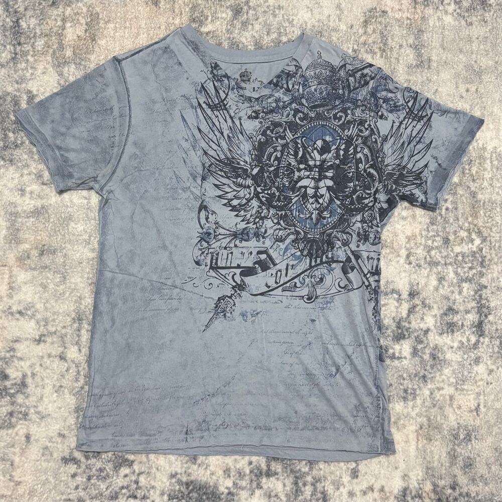 Y2K Helix Affliction Style Graphic T-Shirt Grey Wings Crest Crown Medium